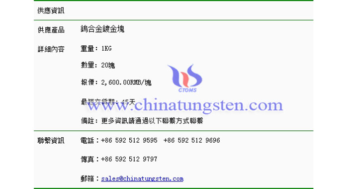 鎢合金鍍金塊價(jià)格表圖片