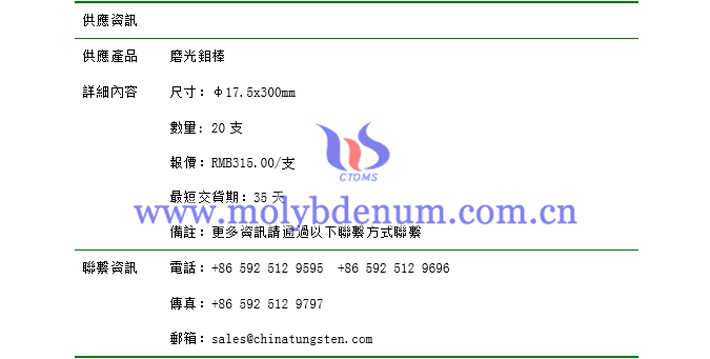 磨光鉬棒價(jià)格表圖片