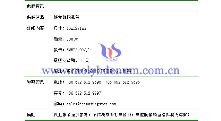 鍍金鉬銅載體價(jià)格表圖片